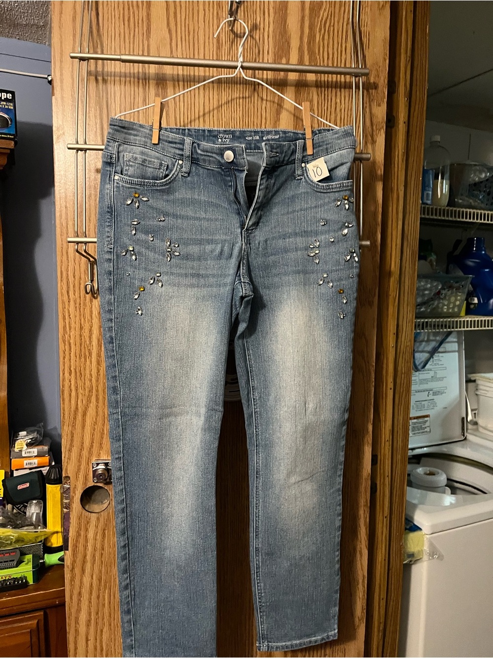 crown & ivy Medium Blue Skinny Jeans with Rhinestone Accents